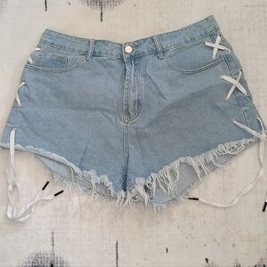 SHEIN Light Wash Lace-Up Frayed Denim Shorts